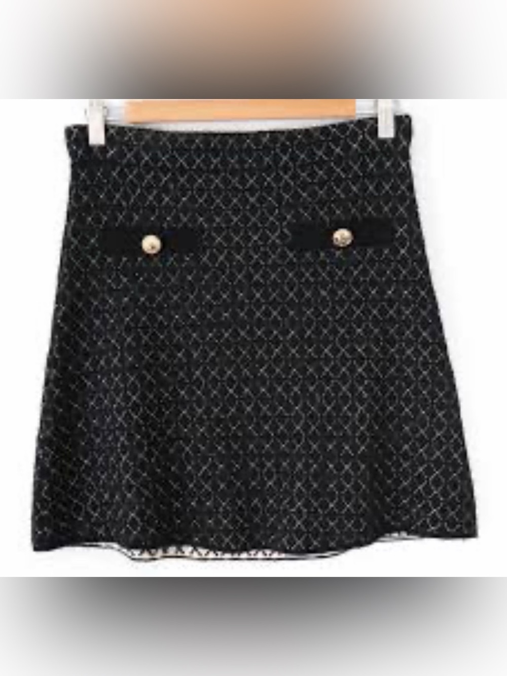 Zara Black Tweed Skater Skirt with Gold Buttons NWT
